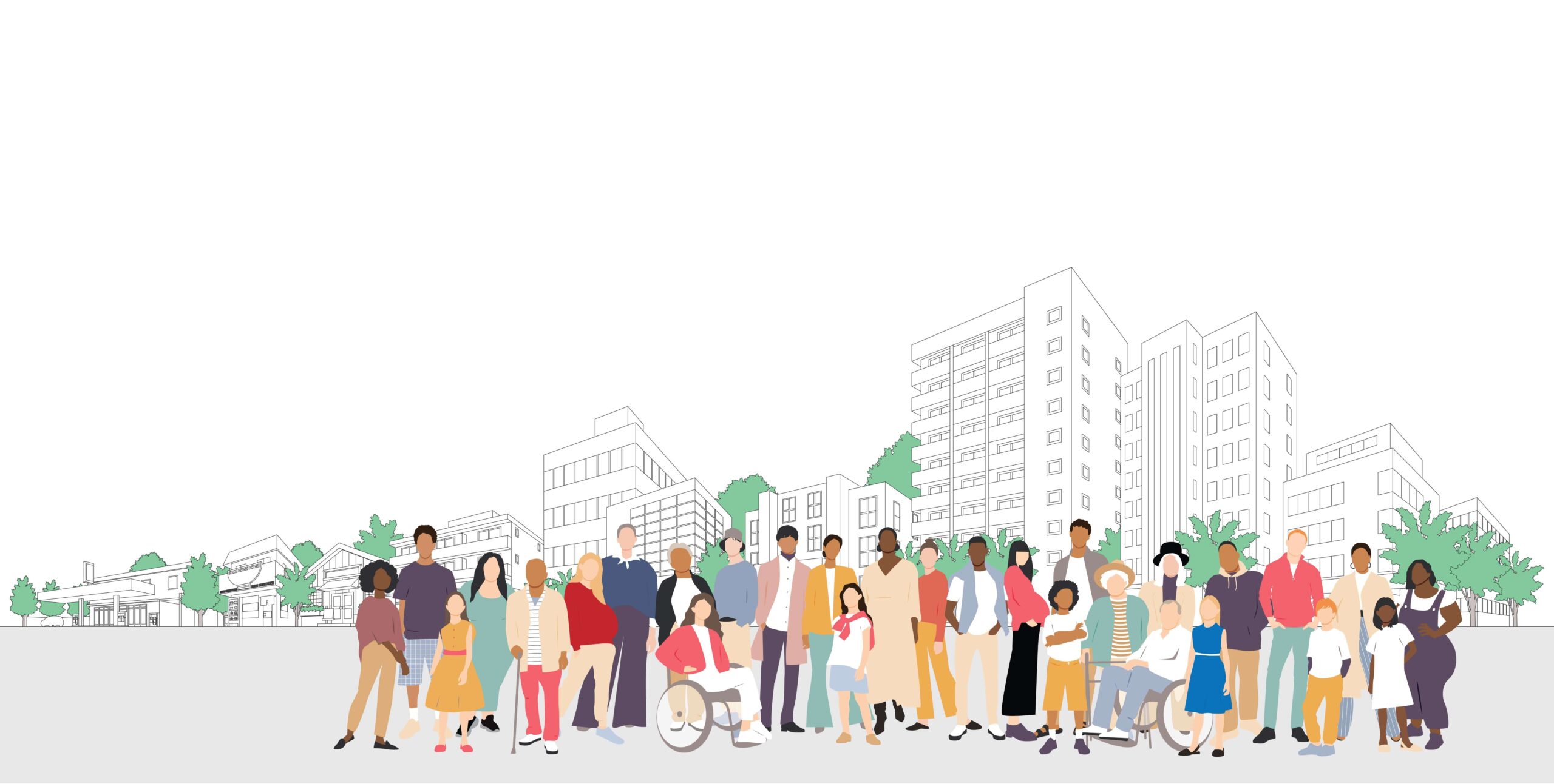 Illustration of a cityscape on the background in the foreground you have diverse people representing the community